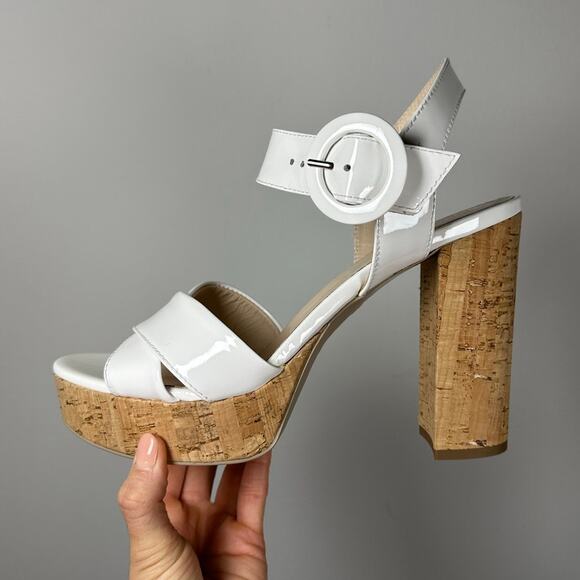 NeroGiardini White & Tan Cork Buckle Patent Leather Platform Heels Women's 11 - Picture 2 of 11
